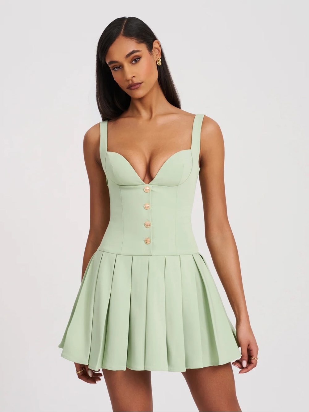 Sage Pleated Corset Mini Dress with Sculpted Cups